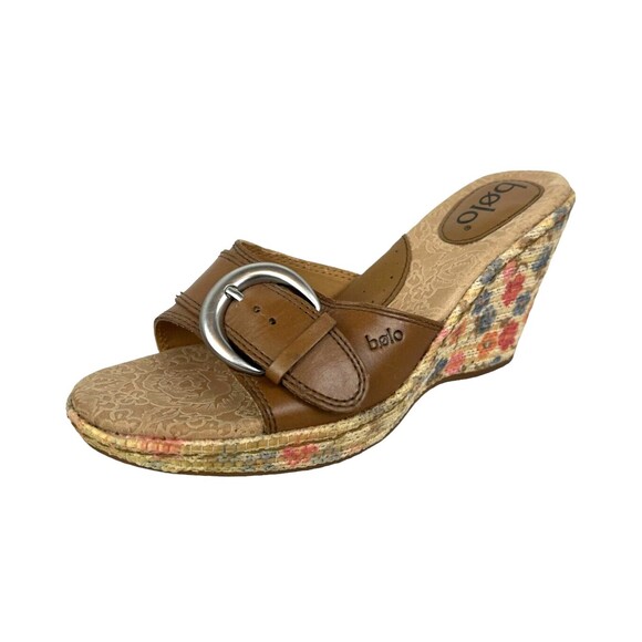 Bolo by Born Sandals  Size 7  Brown Leather Platform Slides w Floral Wedge - Picture 1 of 9